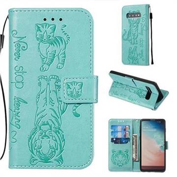 Embossing Tiger and Cat Leather Wallet Case for Samsung Galaxy S10 (6.1 inch) - Green