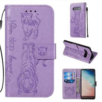 Embossing Tiger and Cat Leather Wallet Case for Samsung Galaxy S10 (6.1 inch) - Lavender