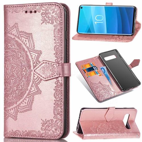 Embossing Imprint Mandala Flower Leather Wallet Case for Samsung Galaxy S10 (6.1 inch) - Rose Gold