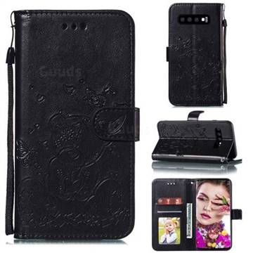 Embossing Butterfly Heart Bear Leather Wallet Case for Samsung Galaxy S10 (6.1 inch) - Black