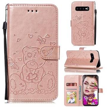 Embossing Butterfly Heart Bear Leather Wallet Case for Samsung Galaxy S10 (6.1 inch) - Rose Gold