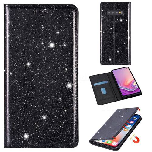 Ultra Slim Glitter Powder Magnetic Automatic Suction Leather Wallet Case for Samsung Galaxy S10 (6.1 inch) - Black