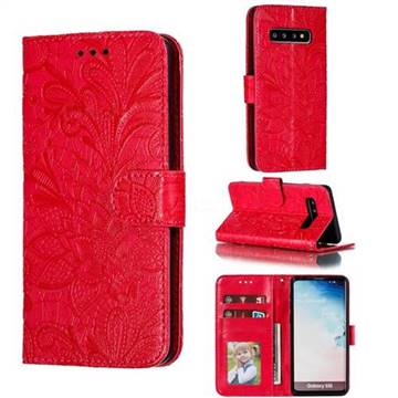 Intricate Embossing Lace Jasmine Flower Leather Wallet Case for Samsung Galaxy S10 (6.1 inch) - Red