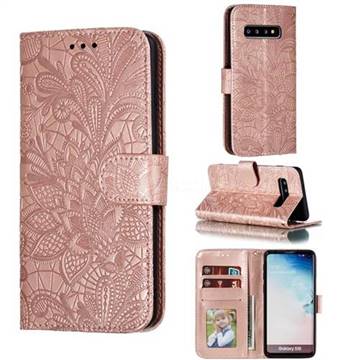 Intricate Embossing Lace Jasmine Flower Leather Wallet Case for Samsung Galaxy S10 (6.1 inch) - Rose Gold