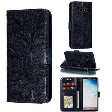 Intricate Embossing Lace Jasmine Flower Leather Wallet Case for Samsung Galaxy S10 (6.1 inch) - Dark Blue