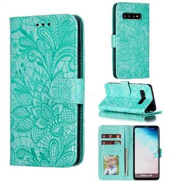 Intricate Embossing Lace Jasmine Flower Leather Wallet Case for Samsung Galaxy S10 (6.1 inch) - Green