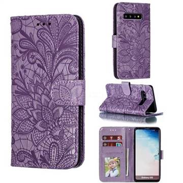 Intricate Embossing Lace Jasmine Flower Leather Wallet Case for Samsung Galaxy S10 (6.1 inch) - Purple