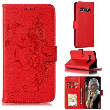 Intricate Embossing Lychee Feather Bird Leather Wallet Case for Samsung Galaxy S10 (6.1 inch) - Red