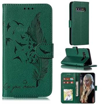Intricate Embossing Lychee Feather Bird Leather Wallet Case for Samsung Galaxy S10 (6.1 inch) - Green