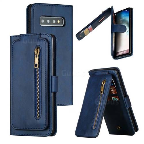 Multifunction 9 Cards Leather Zipper Wallet Phone Case for Samsung Galaxy S10 (6.1 inch) - Blue