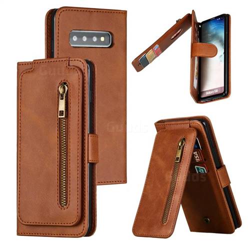 Multifunction 9 Cards Leather Zipper Wallet Phone Case for Samsung Galaxy S10 (6.1 inch) - Brown