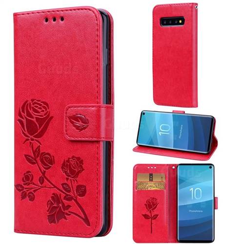 Embossing Rose Flower Leather Wallet Case for Samsung Galaxy S10 (6.1 inch) - Red