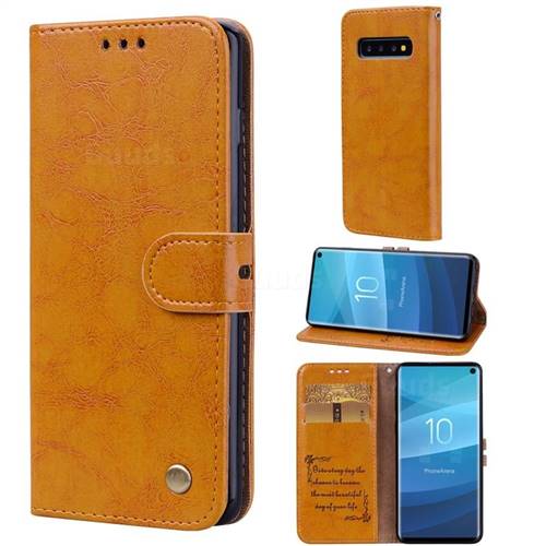 Luxury Retro Oil Wax PU Leather Wallet Phone Case for Samsung Galaxy S10 (6.1 inch) - Orange Yellow