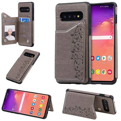 Yikatu Luxury Cute Cats Multifunction Magnetic Card Slots Stand Leather Back Cover for Samsung Galaxy S10 (6.1 inch) - Gray