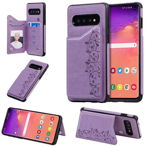 Yikatu Luxury Cute Cats Multifunction Magnetic Card Slots Stand Leather Back Cover for Samsung Galaxy S10 (6.1 inch) - Purple