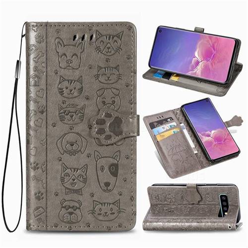 Embossing Dog Paw Kitten and Puppy Leather Wallet Case for Samsung Galaxy S10 (6.1 inch) - Gray