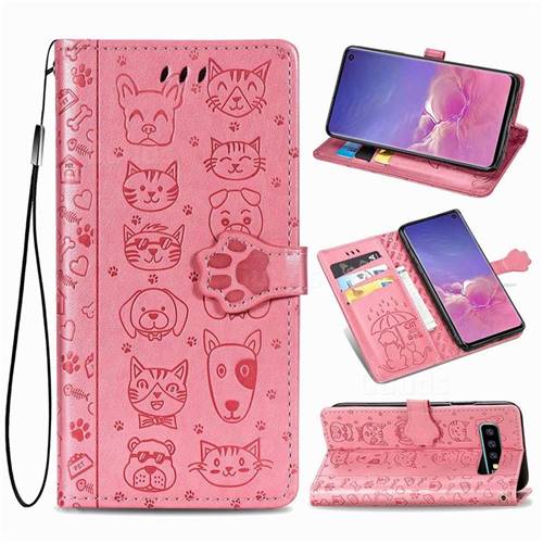 Embossing Dog Paw Kitten and Puppy Leather Wallet Case for Samsung Galaxy S10 (6.1 inch) - Pink