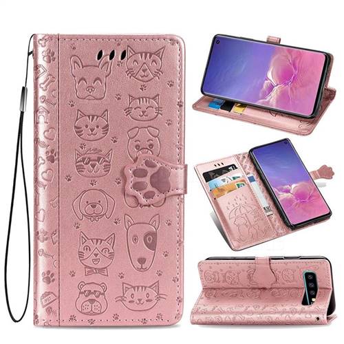Embossing Dog Paw Kitten and Puppy Leather Wallet Case for Samsung Galaxy S10 (6.1 inch) - Rose Gold
