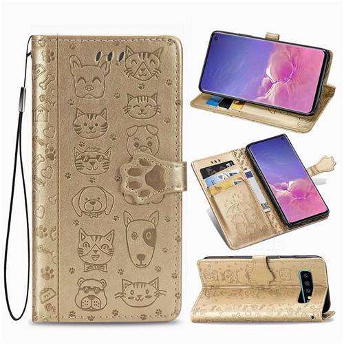 Embossing Dog Paw Kitten and Puppy Leather Wallet Case for Samsung Galaxy S10 (6.1 inch) - Champagne Gold