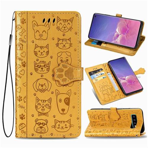 Embossing Dog Paw Kitten and Puppy Leather Wallet Case for Samsung Galaxy S10 (6.1 inch) - Yellow
