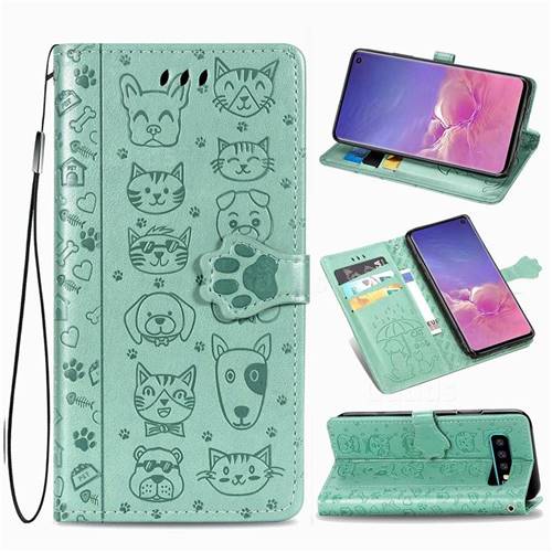 Embossing Dog Paw Kitten and Puppy Leather Wallet Case for Samsung Galaxy S10 (6.1 inch) - Green