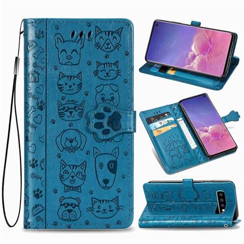 Embossing Dog Paw Kitten and Puppy Leather Wallet Case for Samsung Galaxy S10 (6.1 inch) - Blue