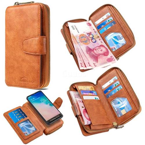 Binfen Color Retro Buckle Zipper Multifunction Leather Phone Wallet for Samsung Galaxy S10 (6.1 inch) - Brown