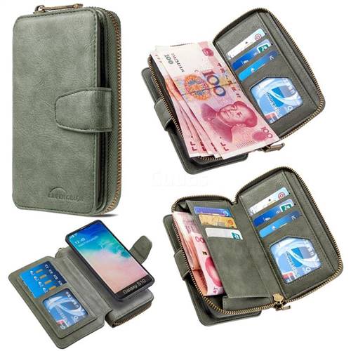 Binfen Color Retro Buckle Zipper Multifunction Leather Phone Wallet for Samsung Galaxy S10 (6.1 inch) - Celadon