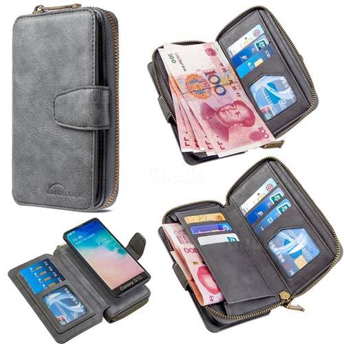 Binfen Color Retro Buckle Zipper Multifunction Leather Phone Wallet for Samsung Galaxy S10 (6.1 inch) - Gray