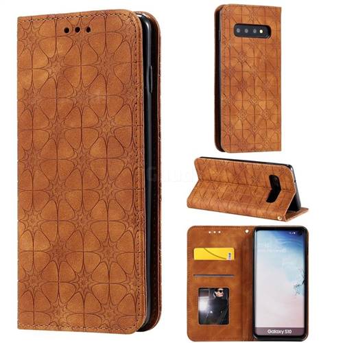 Intricate Embossing Four Leaf Clover Leather Wallet Case for Samsung Galaxy S10 (6.1 inch) - Yellowish Brown