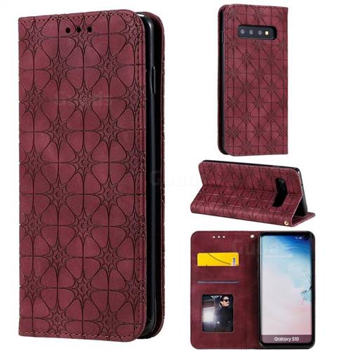 Intricate Embossing Four Leaf Clover Leather Wallet Case for Samsung Galaxy S10 (6.1 inch) - Claret