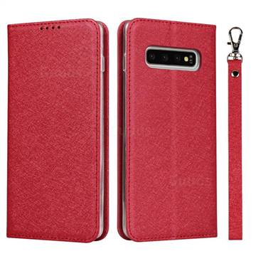 Ultra Slim Magnetic Automatic Suction Silk Lanyard Leather Flip Cover for Samsung Galaxy S10 (6.1 inch) - Red