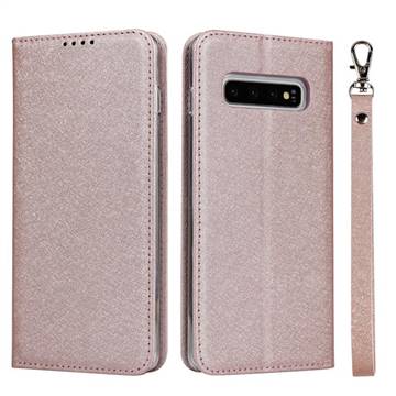Ultra Slim Magnetic Automatic Suction Silk Lanyard Leather Flip Cover for Samsung Galaxy S10 (6.1 inch) - Rose Gold