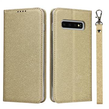 Ultra Slim Magnetic Automatic Suction Silk Lanyard Leather Flip Cover for Samsung Galaxy S10 (6.1 inch) - Golden