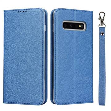 Ultra Slim Magnetic Automatic Suction Silk Lanyard Leather Flip Cover for Samsung Galaxy S10 (6.1 inch) - Sky Blue