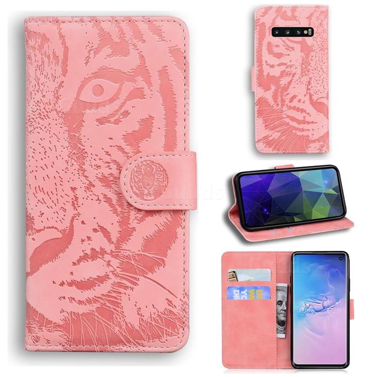 Intricate Embossing Tiger Face Leather Wallet Case for Samsung Galaxy S10 (6.1 inch) - Pink