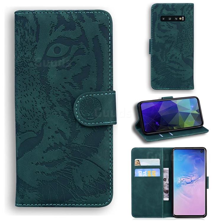 Intricate Embossing Tiger Face Leather Wallet Case for Samsung Galaxy S10 (6.1 inch) - Green