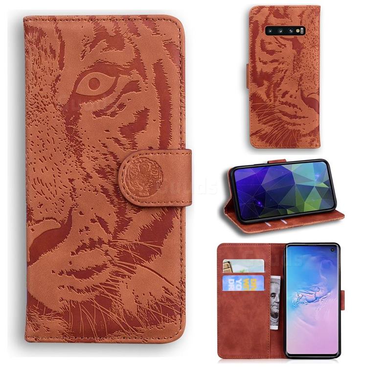 Intricate Embossing Tiger Face Leather Wallet Case for Samsung Galaxy S10 (6.1 inch) - Brown