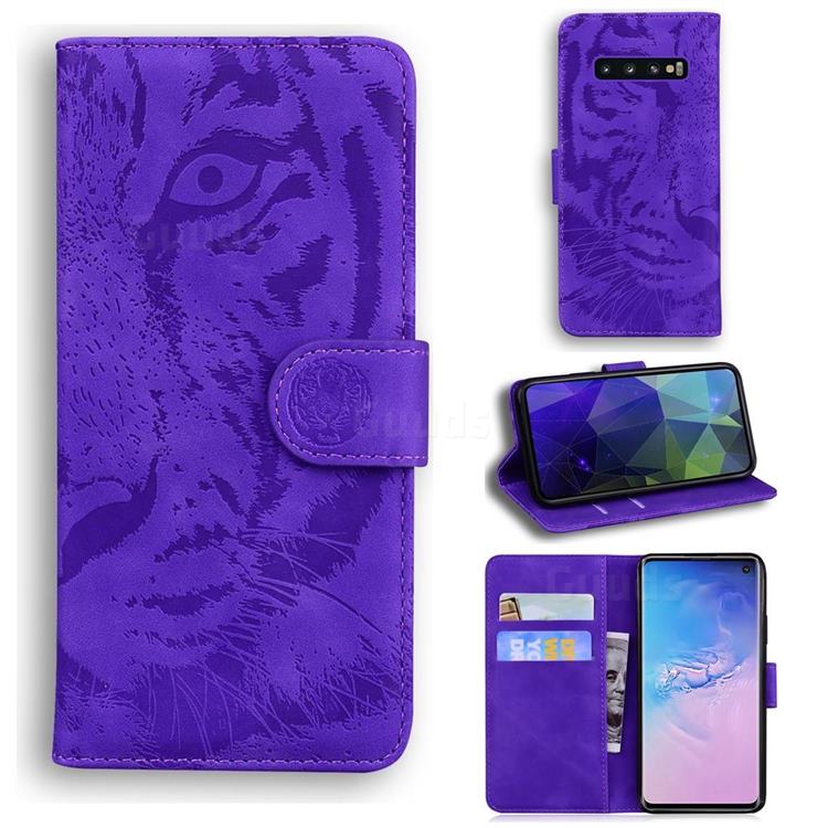 Intricate Embossing Tiger Face Leather Wallet Case for Samsung Galaxy S10 (6.1 inch) - Purple