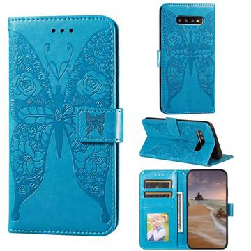 Intricate Embossing Rose Flower Butterfly Leather Wallet Case for Samsung Galaxy S10 (6.1 inch) - Blue