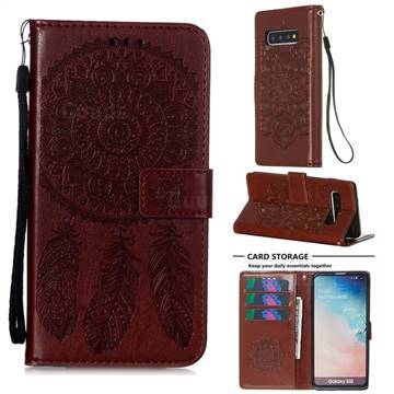 Embossing Dream Catcher Mandala Flower Leather Wallet Case for Samsung Galaxy S10 (6.1 inch) - Brown