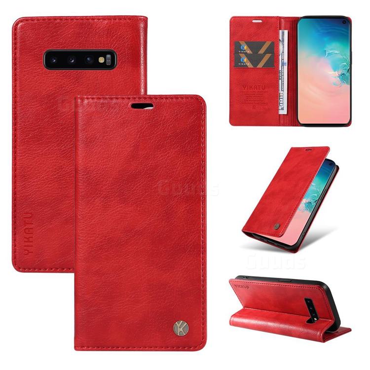 YIKATU Litchi Card Magnetic Automatic Suction Leather Flip Cover for Samsung Galaxy S10 (6.1 inch) - Bright Red