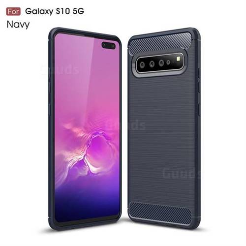 Luxury Carbon Fiber Brushed Wire Drawing Silicone TPU Back Cover for Samsung Galaxy S10 5G (6.7 inch) - Navy