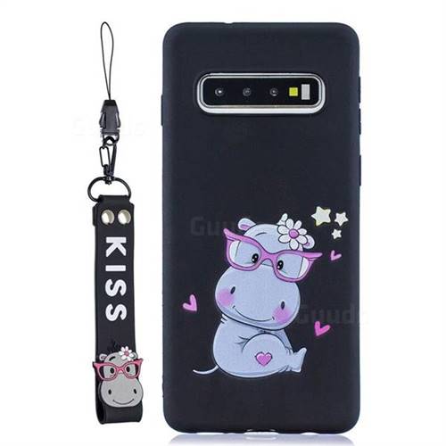 Black Flower Hippo Soft Kiss Candy Hand Strap Silicone Case for Samsung Galaxy S10 5G (6.7 inch)