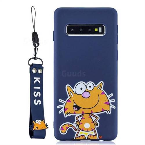 Blue Cute Cat Soft Kiss Candy Hand Strap Silicone Case for Samsung Galaxy S10 5G (6.7 inch)