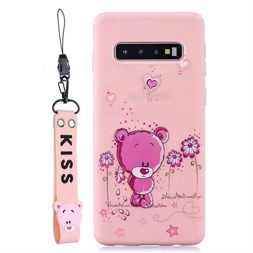 Pink Flower Bear Soft Kiss Candy Hand Strap Silicone Case for Samsung Galaxy S10 5G (6.7 inch)
