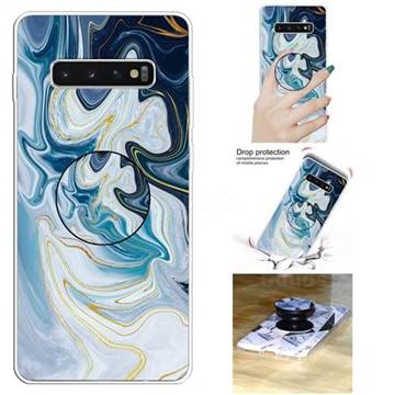 Blue Gold Line Marble Pop Stand Holder Varnish Phone Cover for Samsung Galaxy S10 5G (6.7 inch)
