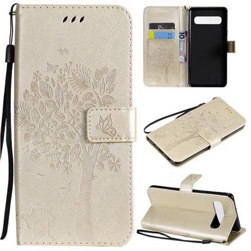 Embossing Butterfly Tree Leather Wallet Case for Samsung Galaxy S10 5G (6.7 inch) - Champagne