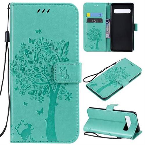 Embossing Butterfly Tree Leather Wallet Case for Samsung Galaxy S10 5G (6.7 inch) - Cyan