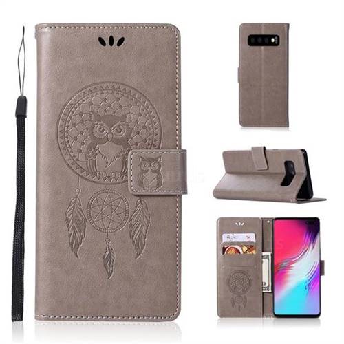 Intricate Embossing Owl Campanula Leather Wallet Case for Samsung Galaxy S10 5G (6.7 inch) - Grey